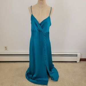 Maison Tara Teal Button Front Slip Dress 90s Minimalist Cocktail 8